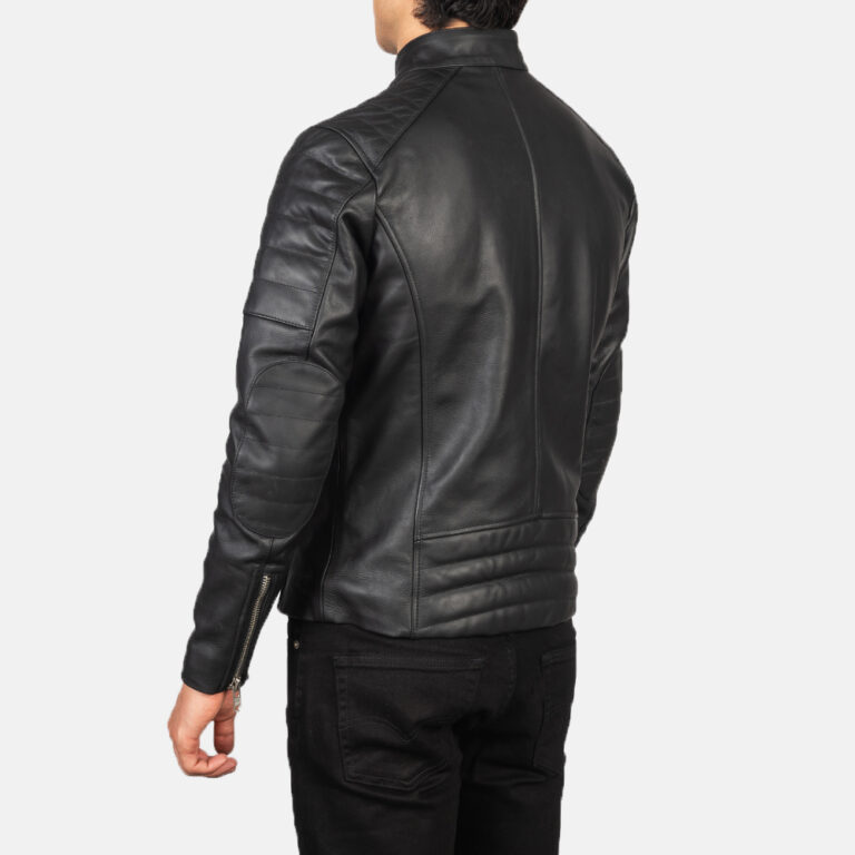 Mens Faisor Black Leather Biker Jacket Tilted Back-8-1634137724201